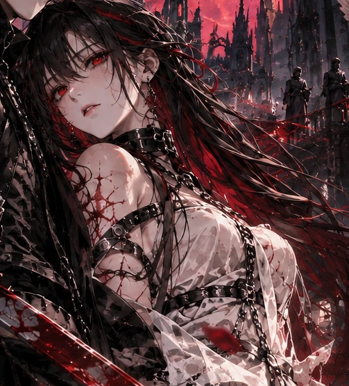 赤い瞳、黒髪に赤い差し色、白い衣装の少女